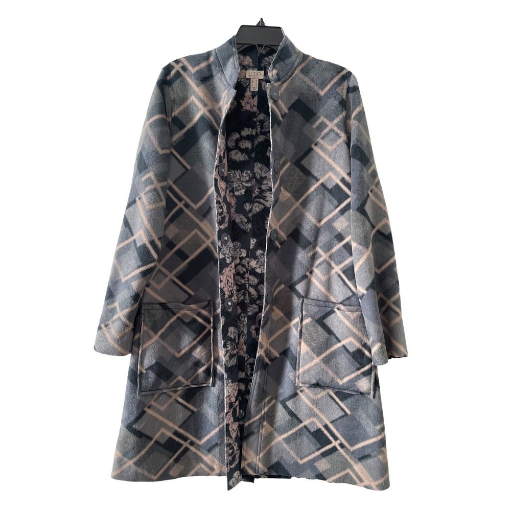 Logo brand reversable coat duster trench floral geometric plaid xs